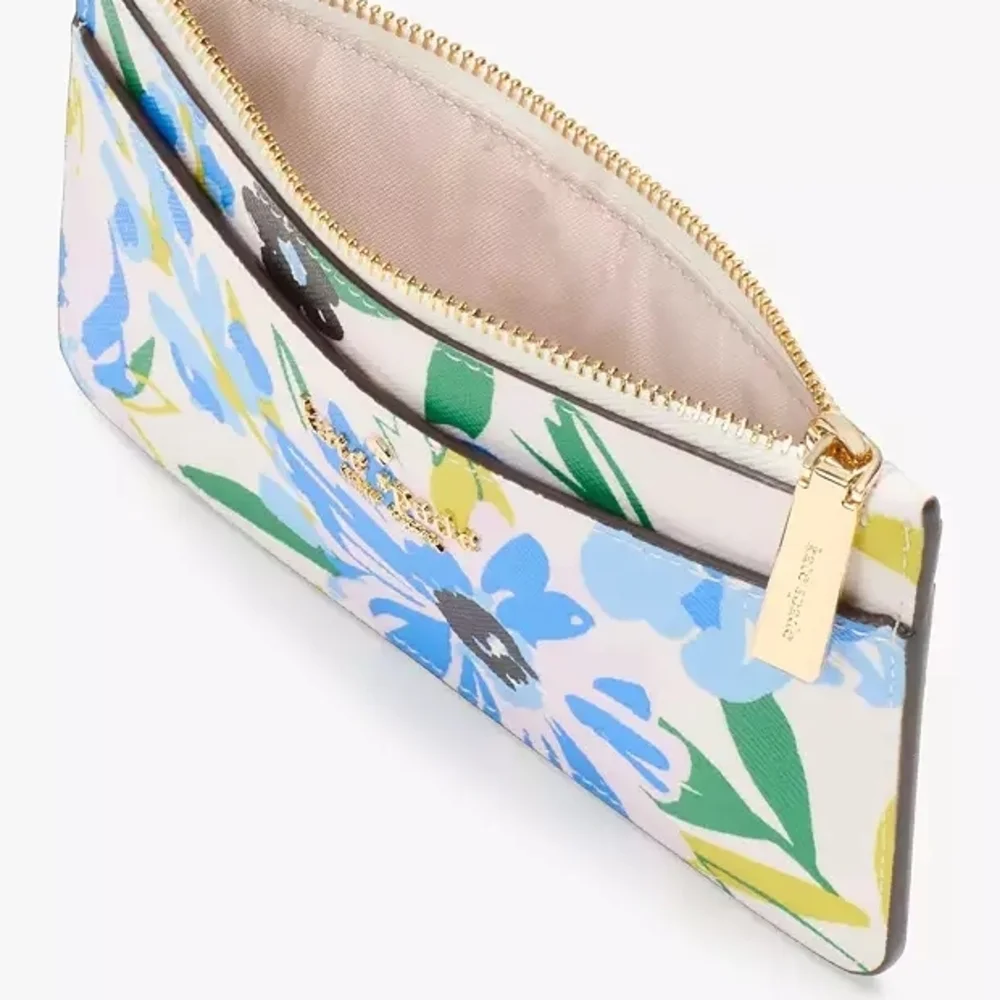 kate spade White Floral Zip Card Holder with Blue and Green Flowers